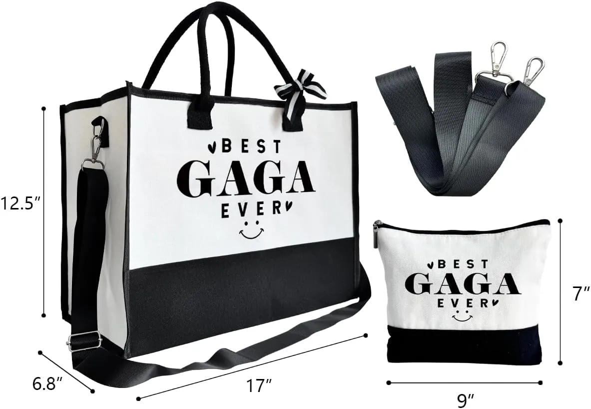 Gift for Best Gaga Ever - Canvas Beach Tote for Women With Inner Pocket & Make Up Bag - Birthday, Mother's Day, Novelty Present for Grandparents