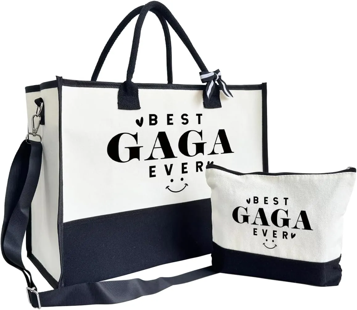 Gift for Best Gaga Ever - Canvas Beach Tote for Women With Inner Pocket & Make Up Bag - Birthday, Mother's Day, Novelty Present for Grandparents