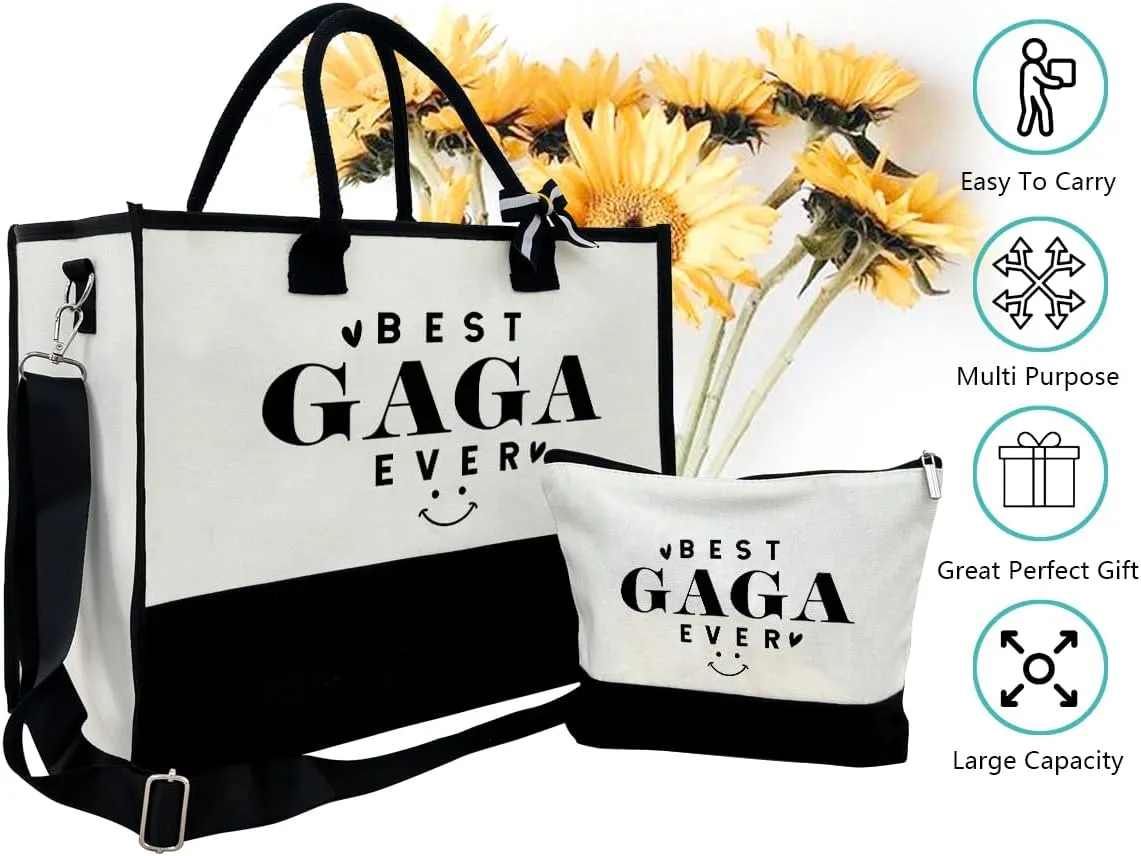 Gift for Best Gaga Ever - Canvas Beach Tote for Women With Inner Pocket & Make Up Bag - Birthday, Mother's Day, Novelty Present for Grandparents
