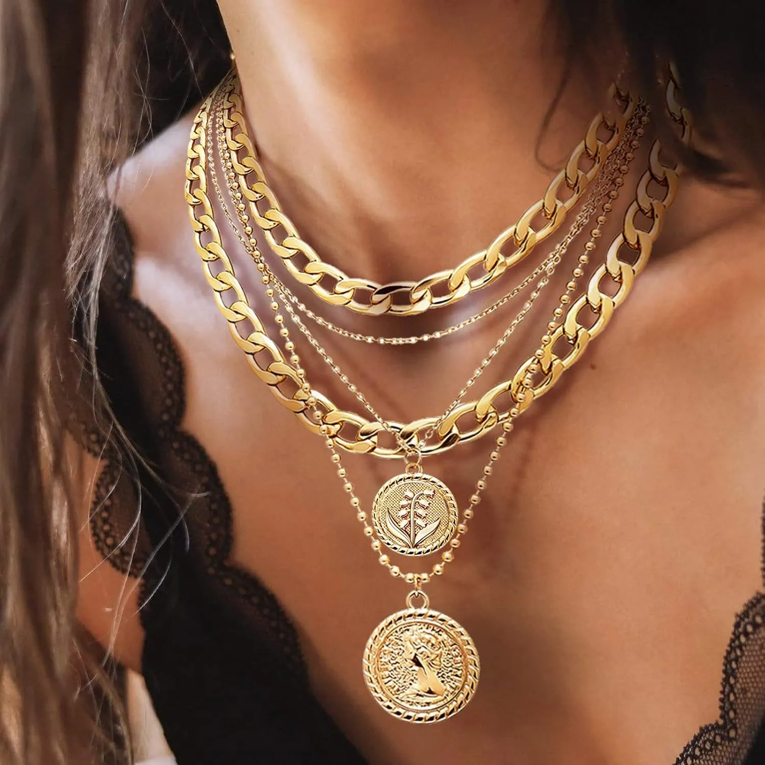 Gold Layered Necklaces for Women Chunky Choker Link Chain Trendy Retro Coin 14K Pendant Necklace Handmade Dainty Layering Poppy Lotus Rose Birth Flower Necklaces Gift
