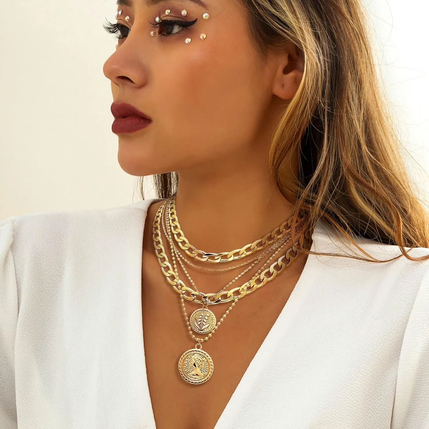 Gold Layered Necklaces for Women Chunky Choker Link Chain Trendy Retro Coin 14K Pendant Necklace Handmade Dainty Layering Poppy Lotus Rose Birth Flower Necklaces Gift