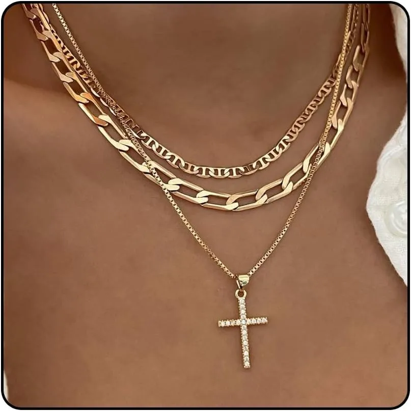 Gold Layered Necklaces for Women Chunky Layered Gold Necklaces Stacked Paperclip Chain Pearl Necklace Herringbone Choker Toggle Clasp Necklace Trendy Jewelry Gifts for Her