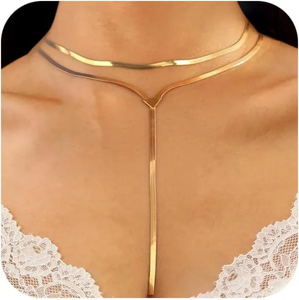 Gold Long Snake Chain Choker Y Necklaces Statement for Women, Dainty Silver Layered Triangle Necklace Party Prom Jewelry Gifts Y2K Costume Accessories