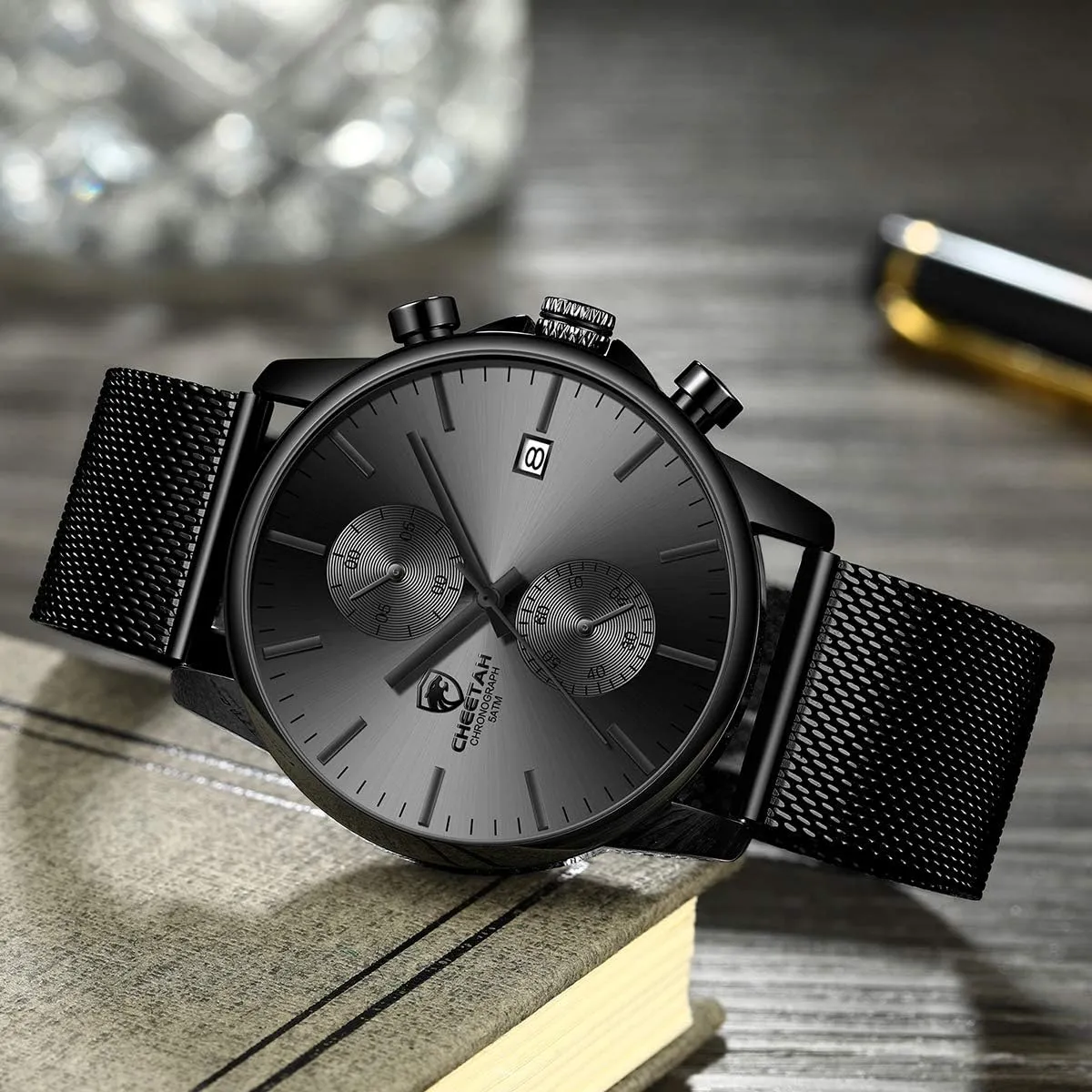 GOLDEN HOUR Mens Watch Fashion Sleek Minimalist Quartz Analog Mesh Stainless Steel Waterproof Chronograph Watches for Men with Auto Date