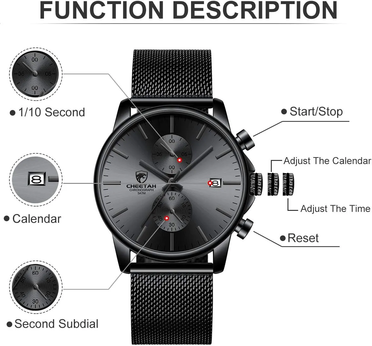 GOLDEN HOUR Mens Watch Fashion Sleek Minimalist Quartz Analog Mesh Stainless Steel Waterproof Chronograph Watches for Men with Auto Date