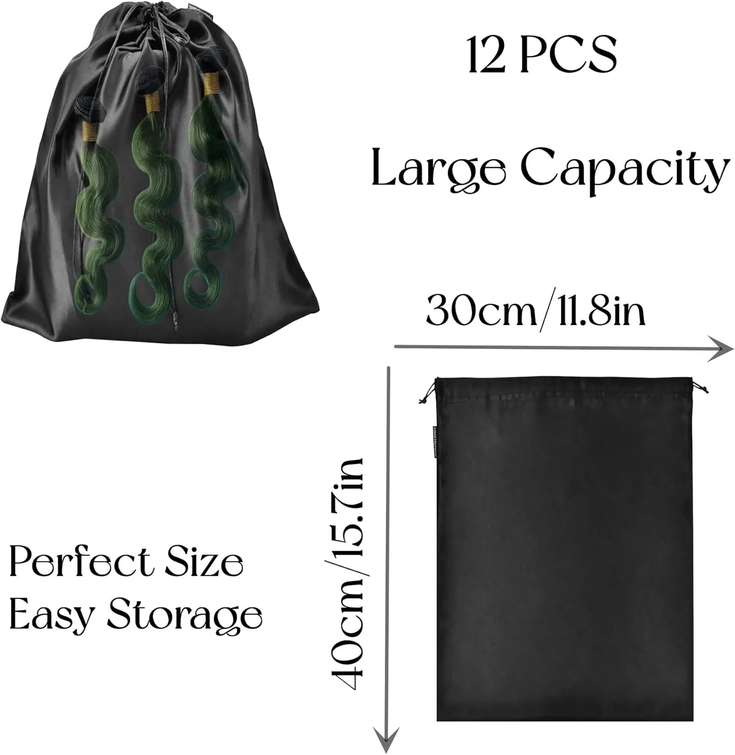 GONGKANGYUAN 12 Pcs Satin Wig Bags with Drawstring Satin Bag for Packaging Hair Extensions Wigs Soft Silk Pouches Hair Tools Storage Bags for Home and Salon (Black)