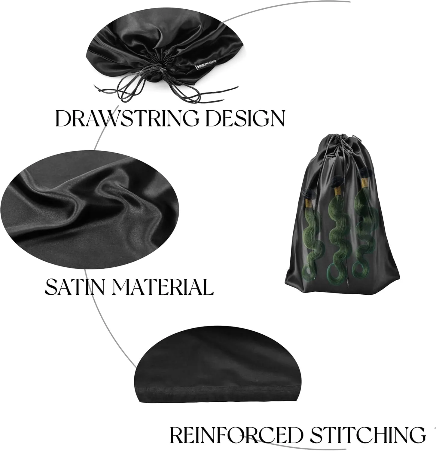 GONGKANGYUAN 12 Pcs Satin Wig Bags with Drawstring Satin Bag for Packaging Hair Extensions Wigs Soft Silk Pouches Hair Tools Storage Bags for Home and Salon (Black)