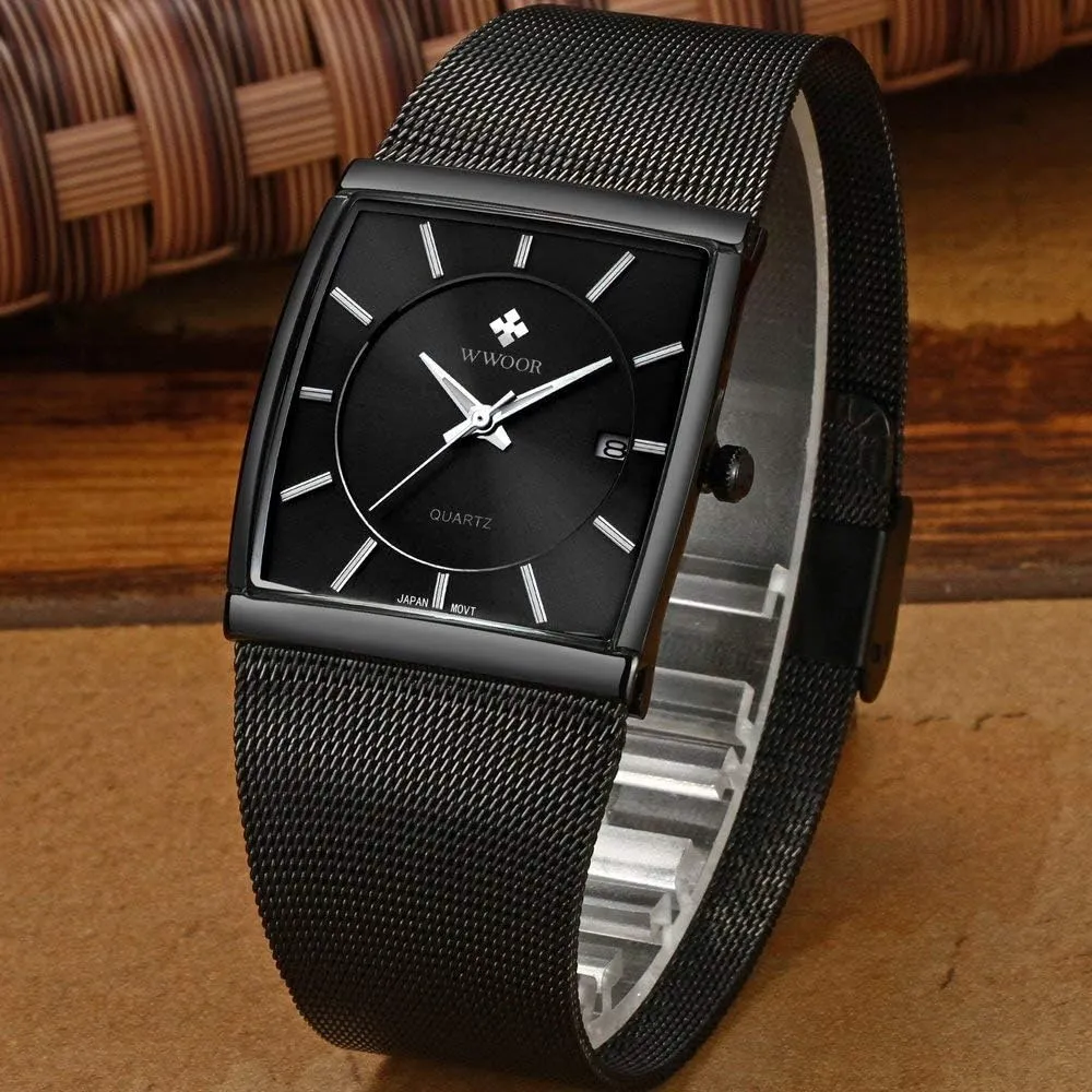 Gosasa Men Watch Classic Analog Quartz Date Stainless Steel Milanese Mesh Band Ultra-Thin Rectangle Dial Luminous