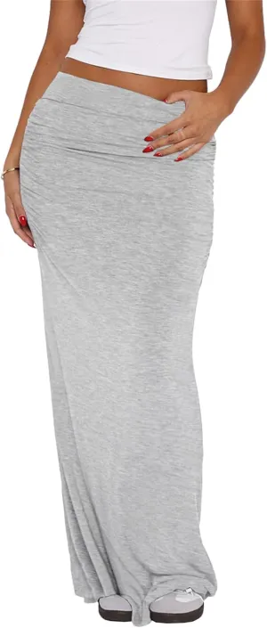 Hafailia Maxi Skirts for Women - Casual Ruched Y2K Low Rise Elastic Waist Long Bodycon Skirt 2025