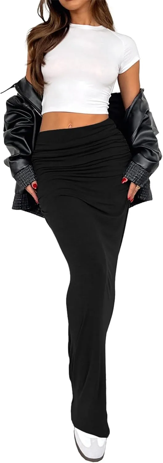 Hafailia Maxi Skirts for Women - Casual Ruched Y2K Low Rise Elastic Waist Long Bodycon Skirt 2025