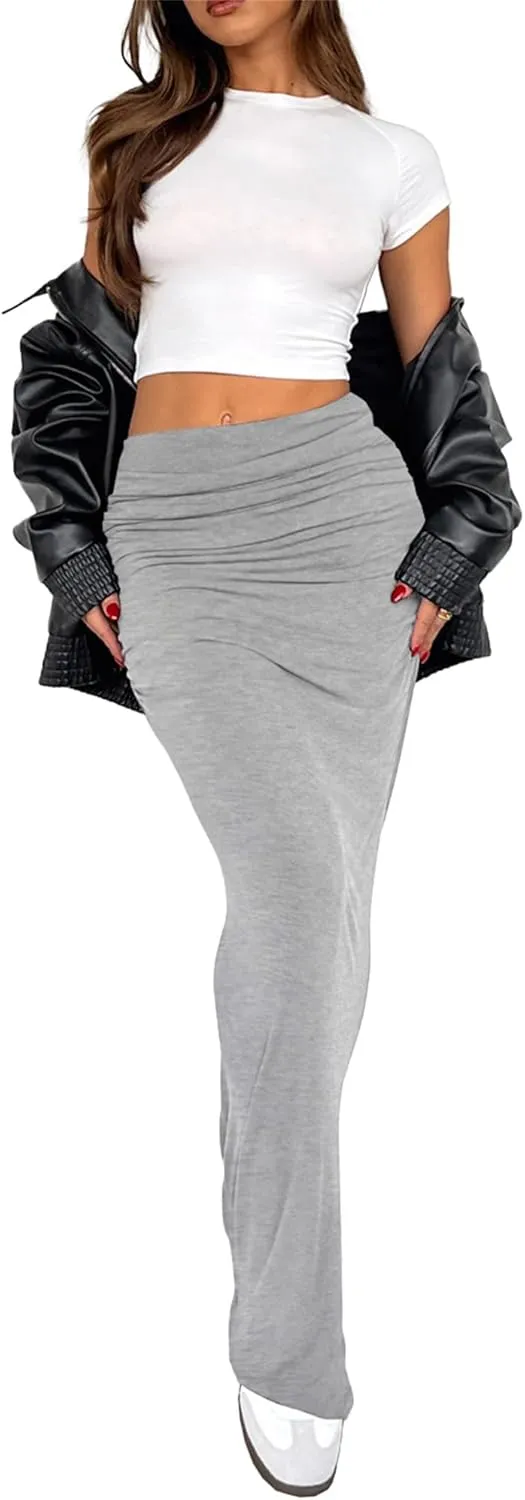 Hafailia Maxi Skirts for Women - Casual Ruched Y2K Low Rise Elastic Waist Long Bodycon Skirt 2025