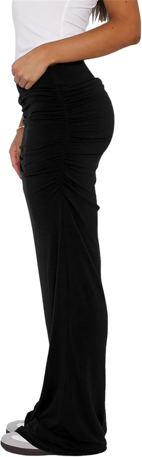 Hafailia Maxi Skirts for Women - Casual Ruched Y2K Low Rise Elastic Waist Long Bodycon Skirt 2025