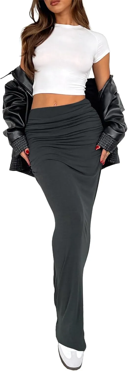 Hafailia Maxi Skirts for Women - Casual Ruched Y2K Low Rise Elastic Waist Long Bodycon Skirt 2025