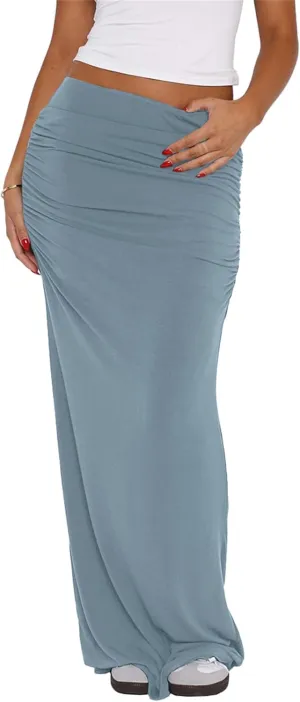 Hafailia Maxi Skirts for Women - Casual Ruched Y2K Low Rise Elastic Waist Long Bodycon Skirt 2025