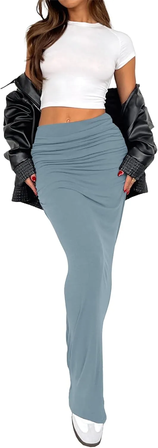Hafailia Maxi Skirts for Women - Casual Ruched Y2K Low Rise Elastic Waist Long Bodycon Skirt 2025