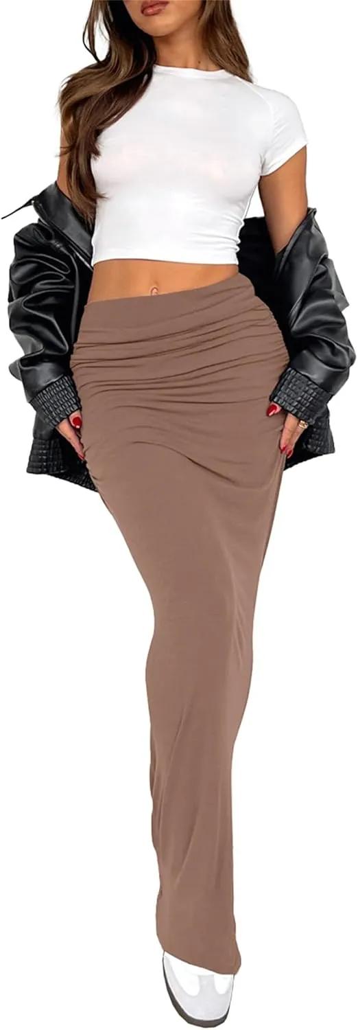 Hafailia Maxi Skirts for Women - Casual Ruched Y2K Low Rise Elastic Waist Long Bodycon Skirt 2025