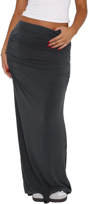 Hafailia Maxi Skirts for Women - Casual Ruched Y2K Low Rise Elastic Waist Long Bodycon Skirt 2025