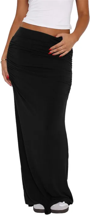 Hafailia Maxi Skirts for Women - Casual Ruched Y2K Low Rise Elastic Waist Long Bodycon Skirt 2025