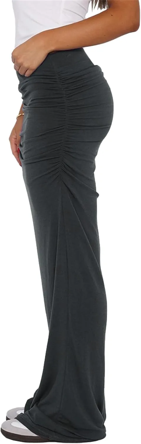 Hafailia Maxi Skirts for Women - Casual Ruched Y2K Low Rise Elastic Waist Long Bodycon Skirt 2025