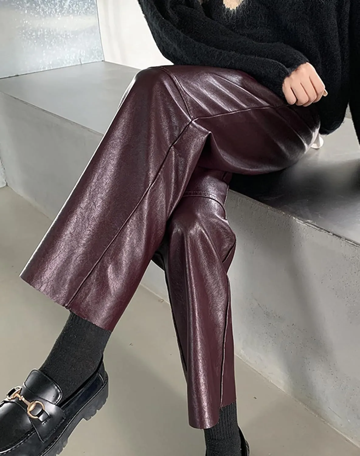 HaoMay Women's Faux Leather Pants Straight Leg High Waist Ankle Pleather Trousers