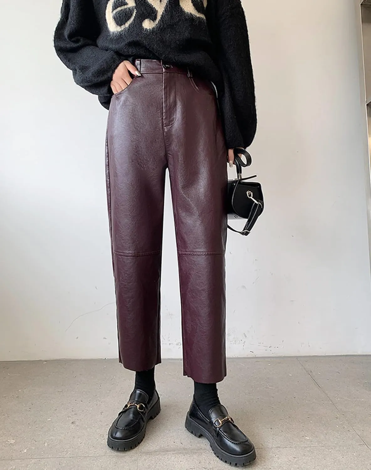 HaoMay Women's Faux Leather Pants Straight Leg High Waist Ankle Pleather Trousers