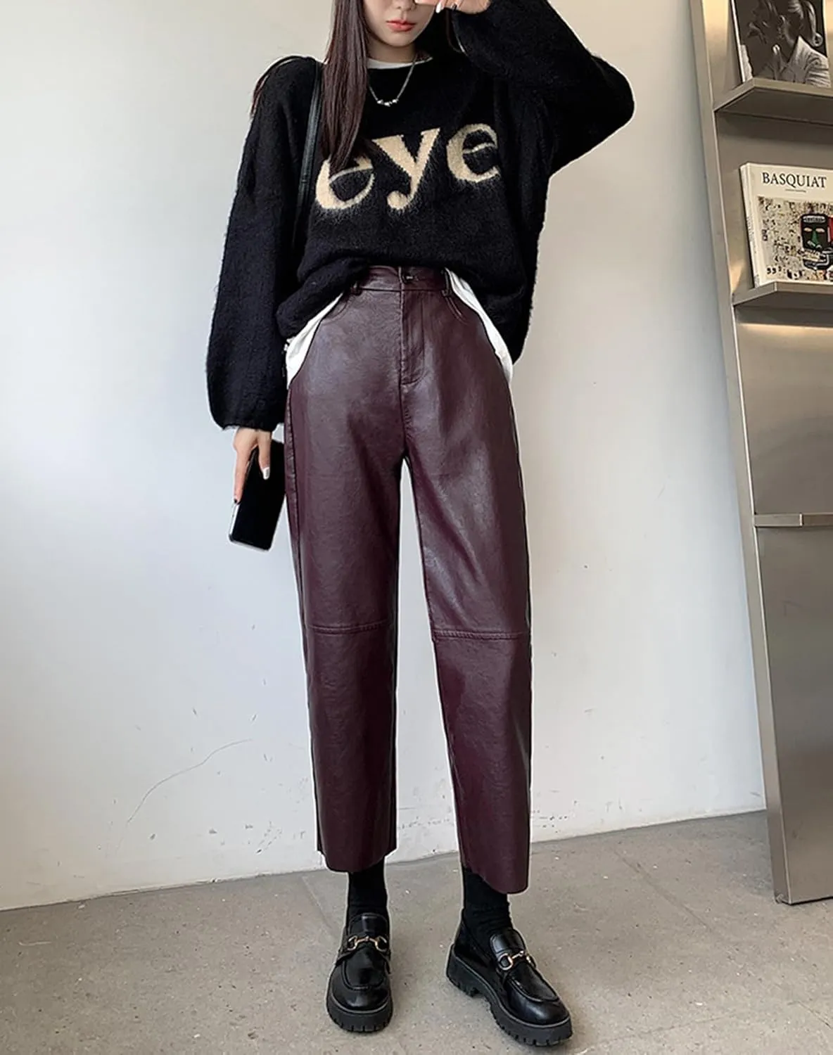 HaoMay Women's Faux Leather Pants Straight Leg High Waist Ankle Pleather Trousers