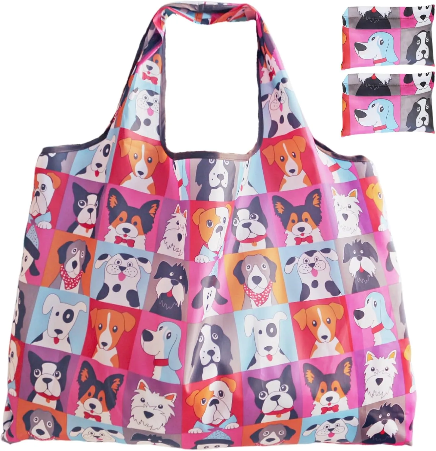 HAPPYHEDI Foldable Reusable Grocery Bags Washable Shopping Totes, Long Handles, Fold-Up Pouch, Heavy Duty Bulk