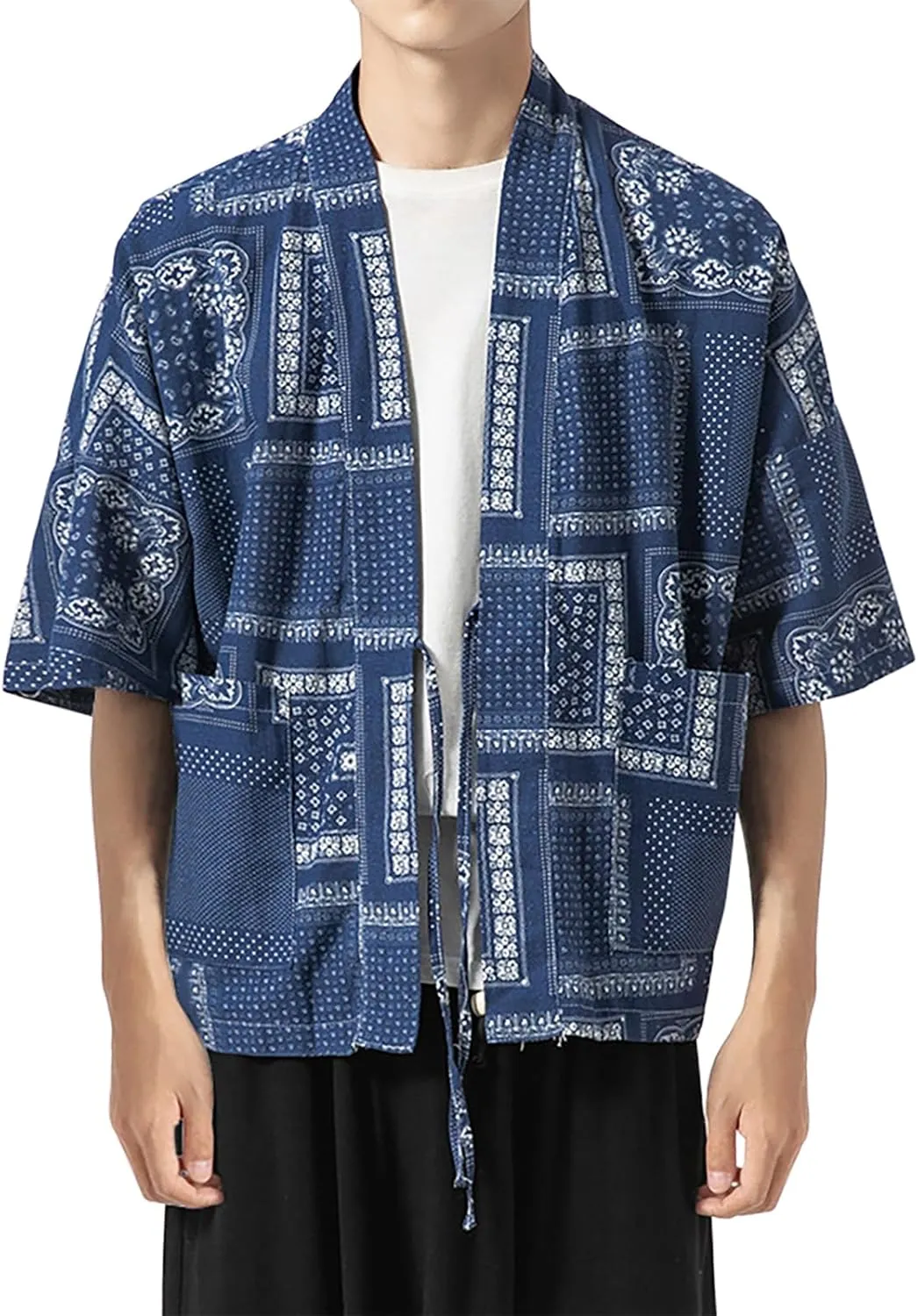 Haseil Men's Kimono Cardigan Japanese Jackets Casual Cotton 3/4 Sleeve Shirt Open Front Coat Lightweight Linen Outwear