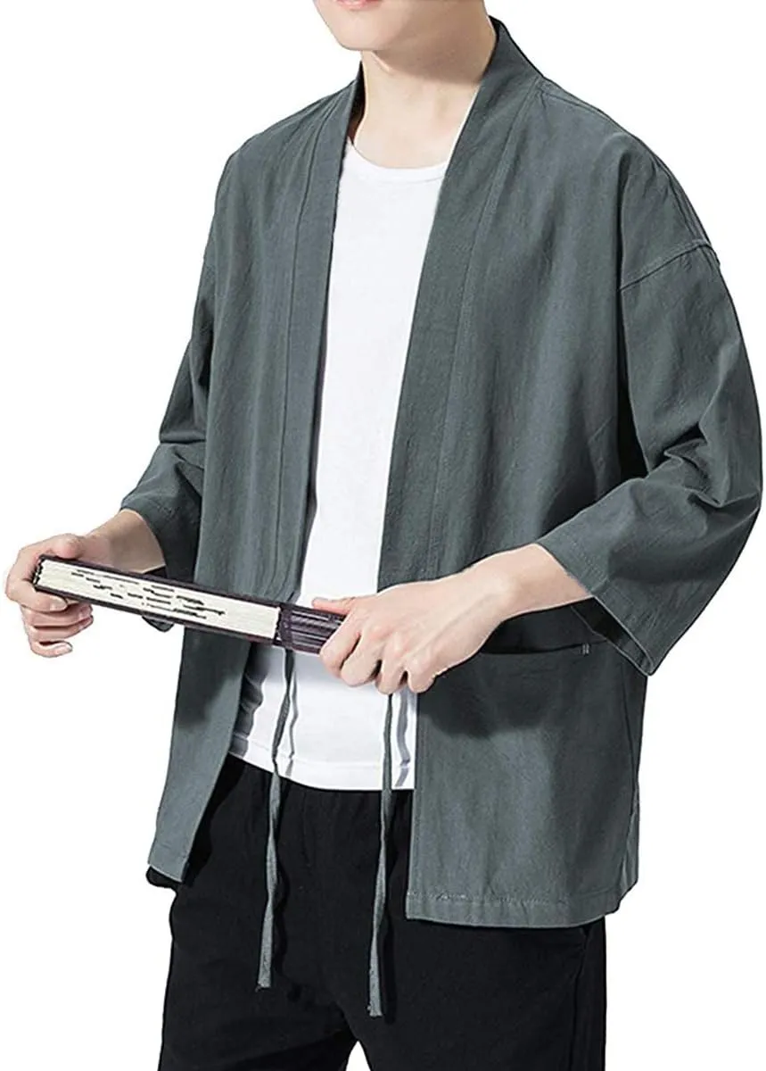 Haseil Men's Kimono Cardigan Japanese Jackets Casual Cotton 3/4 Sleeve Shirt Open Front Coat Lightweight Linen Outwear