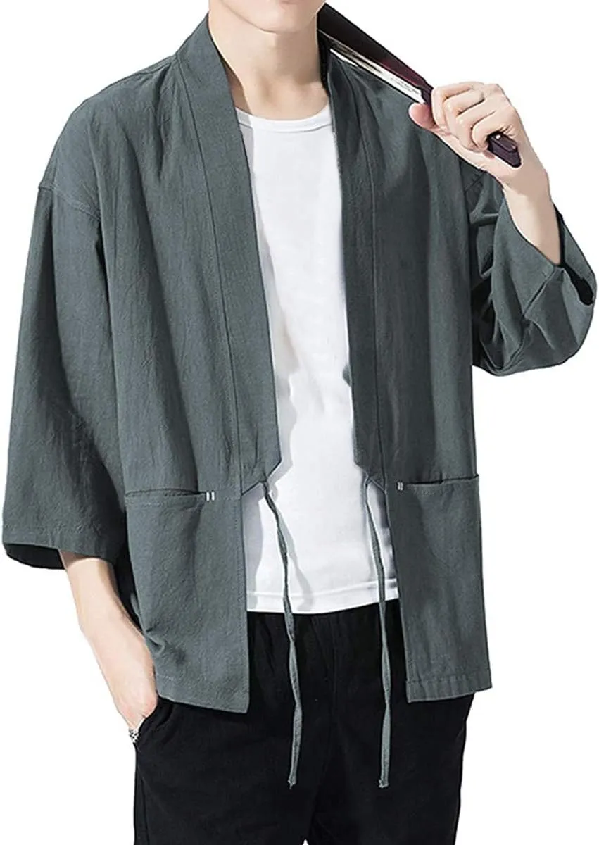 Haseil Men's Kimono Cardigan Japanese Jackets Casual Cotton 3/4 Sleeve Shirt Open Front Coat Lightweight Linen Outwear