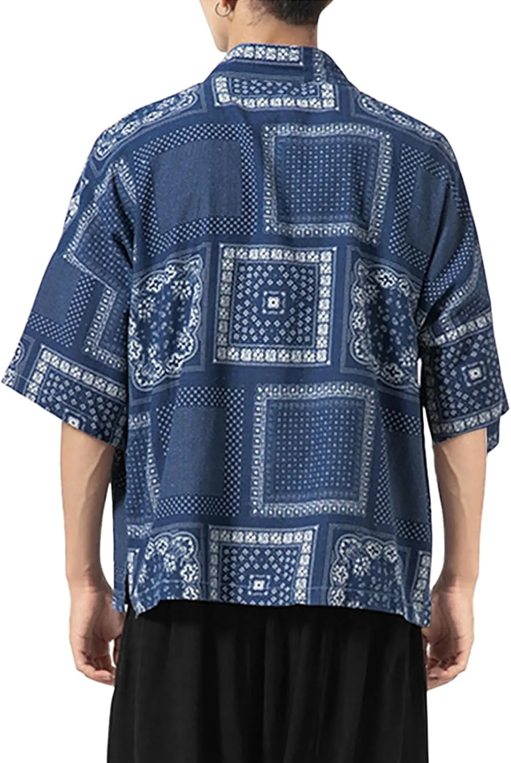 Haseil Men's Kimono Cardigan Japanese Jackets Casual Cotton 3/4 Sleeve Shirt Open Front Coat Lightweight Linen Outwear