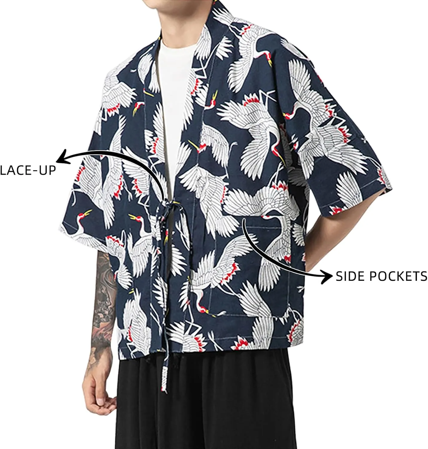 Haseil Men's Kimono Cardigan Japanese Jackets Casual Cotton 3/4 Sleeve Shirt Open Front Coat Lightweight Linen Outwear