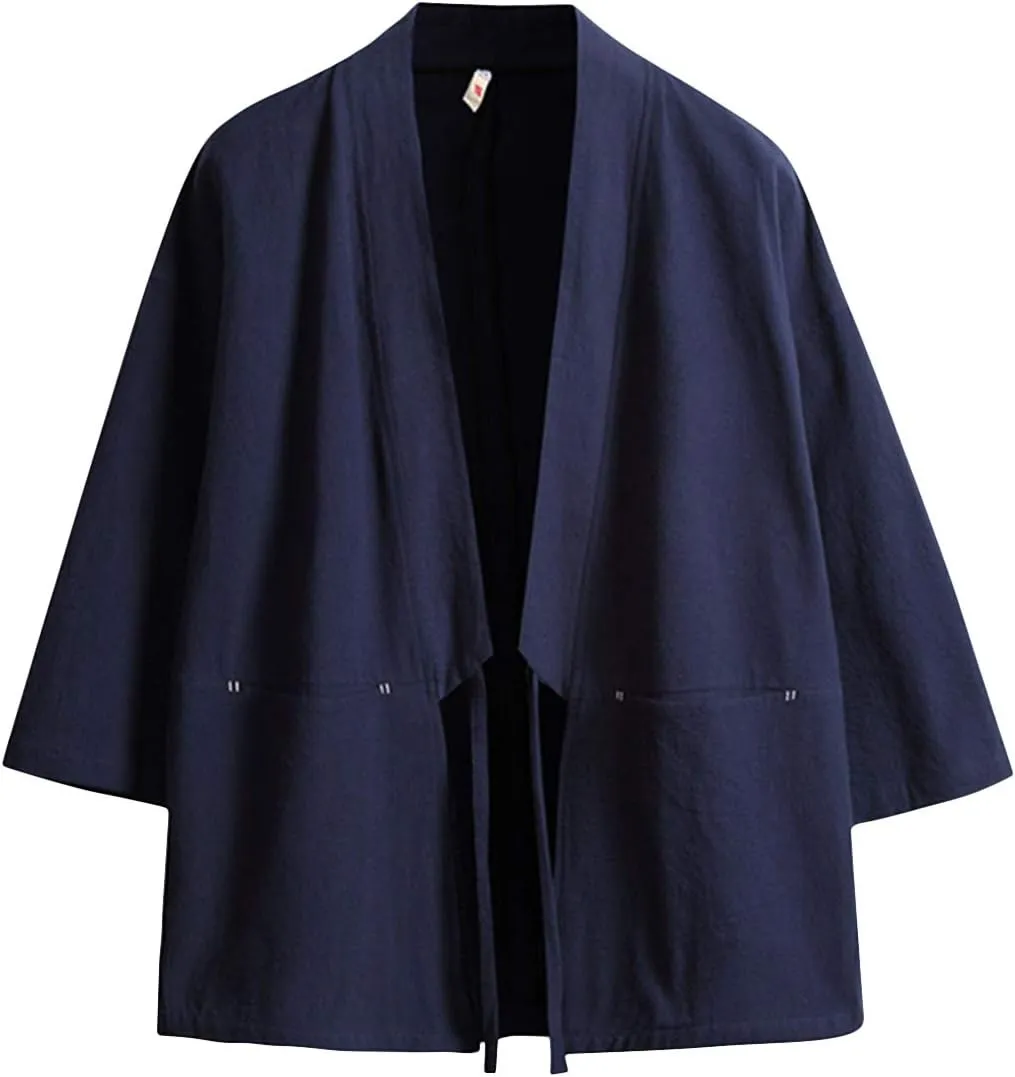 Haseil Men's Kimono Cardigan Japanese Jackets Casual Cotton 3/4 Sleeve Shirt Open Front Coat Lightweight Linen Outwear