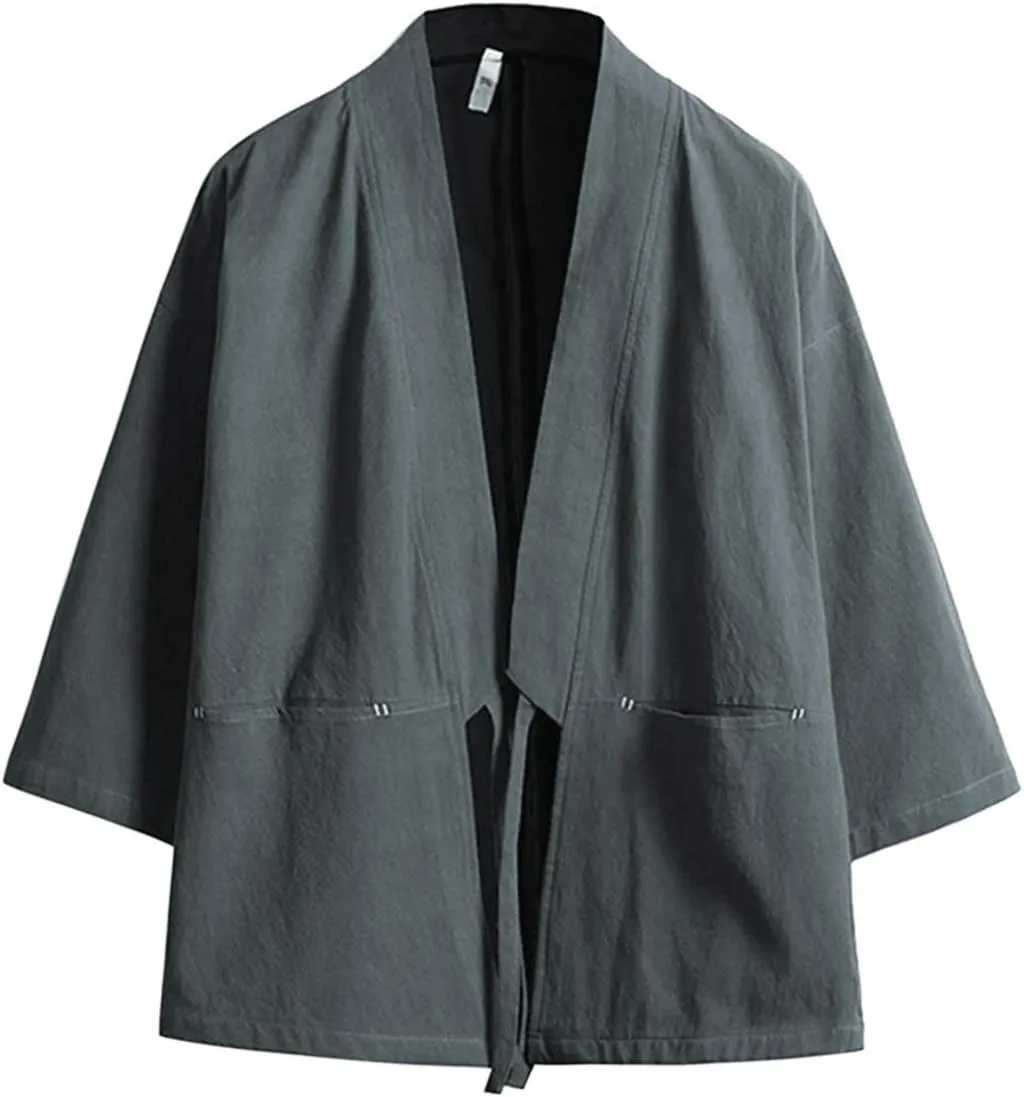 Haseil Men's Kimono Cardigan Japanese Jackets Casual Cotton 3/4 Sleeve Shirt Open Front Coat Lightweight Linen Outwear