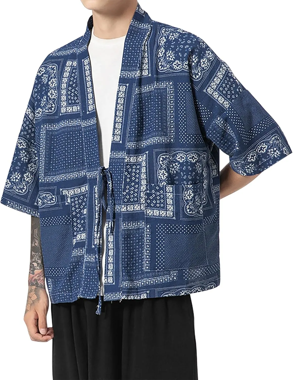 Haseil Men's Kimono Cardigan Japanese Jackets Casual Cotton 3/4 Sleeve Shirt Open Front Coat Lightweight Linen Outwear