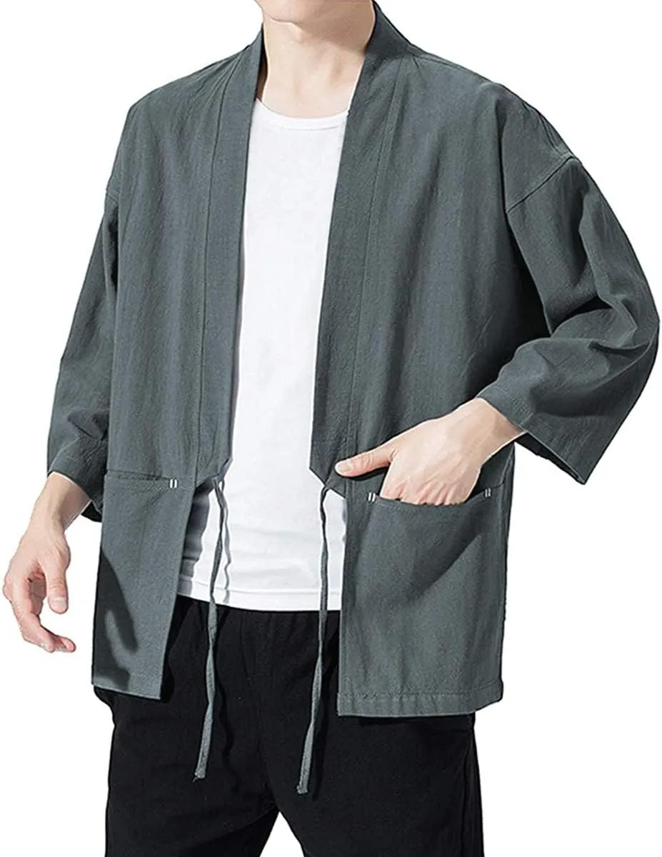 Haseil Men's Kimono Cardigan Japanese Jackets Casual Cotton 3/4 Sleeve Shirt Open Front Coat Lightweight Linen Outwear