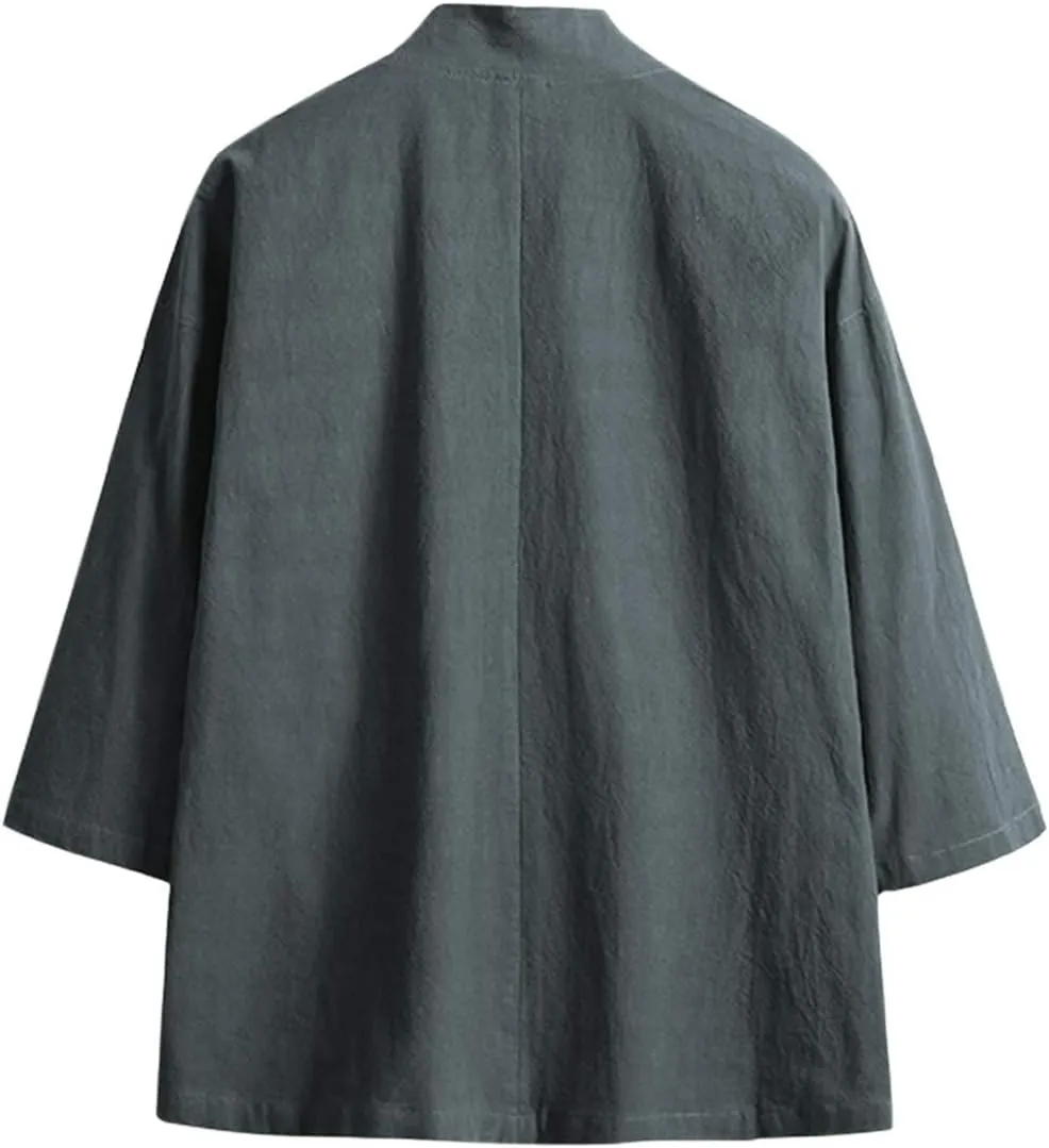 Haseil Men's Kimono Cardigan Japanese Jackets Casual Cotton 3/4 Sleeve Shirt Open Front Coat Lightweight Linen Outwear