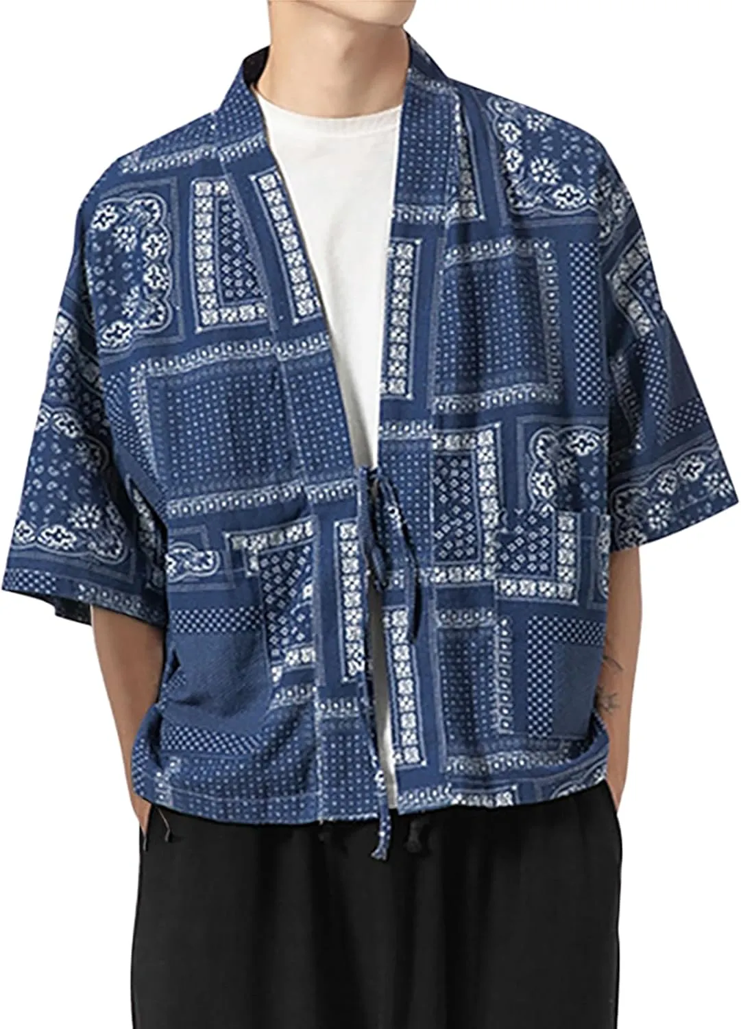 Haseil Men's Kimono Cardigan Japanese Jackets Casual Cotton 3/4 Sleeve Shirt Open Front Coat Lightweight Linen Outwear