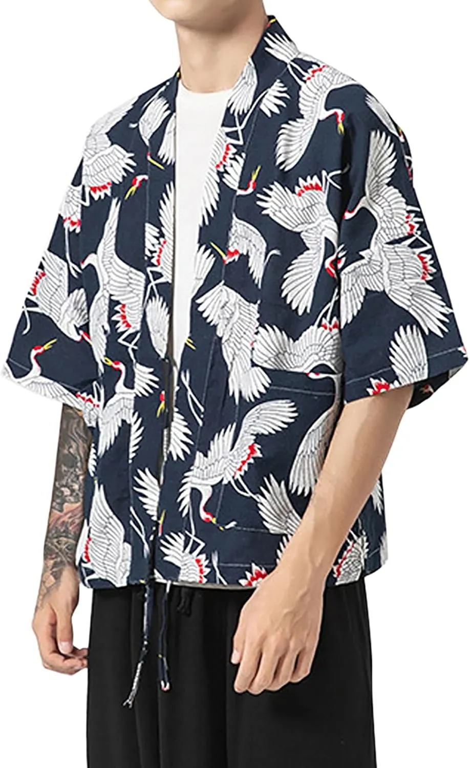 Haseil Men's Kimono Cardigan Japanese Jackets Casual Cotton 3/4 Sleeve Shirt Open Front Coat Lightweight Linen Outwear
