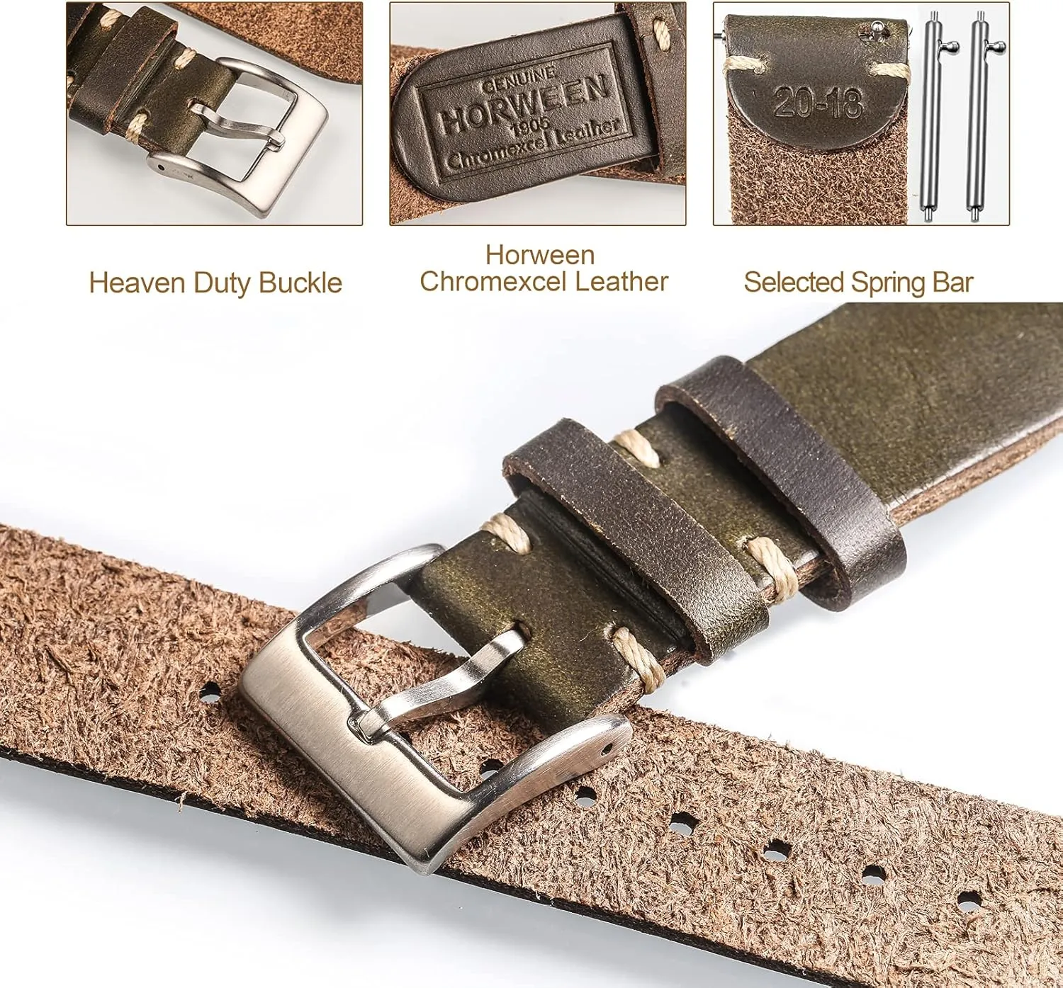 hemsut h Leather Watch Bands for Men, Horween Quick Release Leather Watch Strap Vintage Watch Replacement Wrap of 18mm, 20mm, 22mm