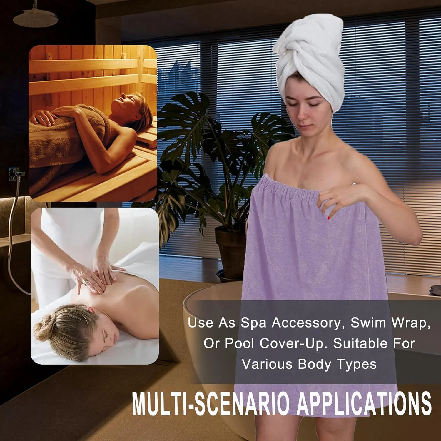 HGps8w 4-Pack Women's Soft Wrap Towel Shower Robe Lightweight Spa Body Wrap Adjustable Closure Bathrobe