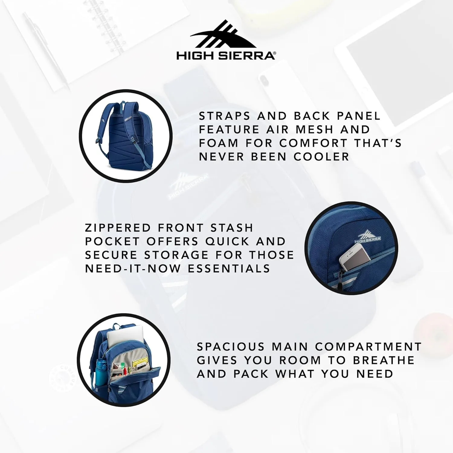 High Sierra Outburst 2.0 Carry-On Daypack Book Bag with Padded Laptop Tablet Sleeve, 360 Degree Reflectivity, Fits Most 15.6" Laptops, 28L, Graphite Blue/True Navy