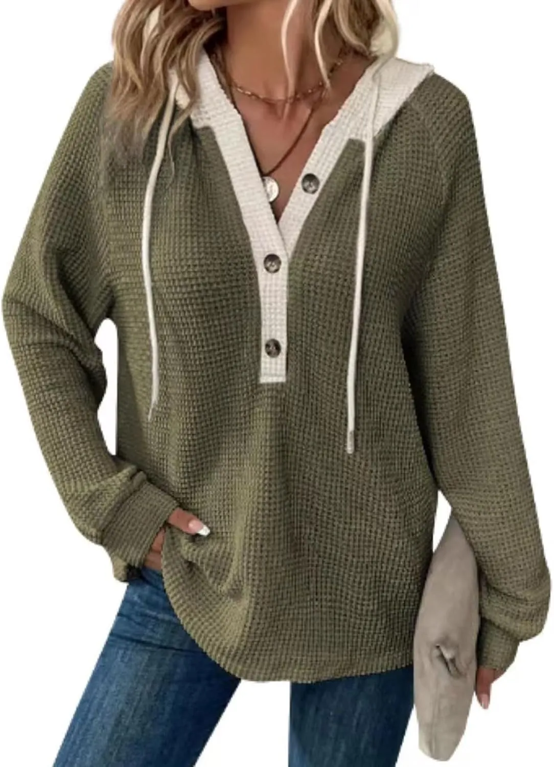 Hoodies for Women Button V Neck Waffle Knit Tops Long Sleeve Shirts Fall Casual Comfy Pullover Sweatshirt Hooded Tops