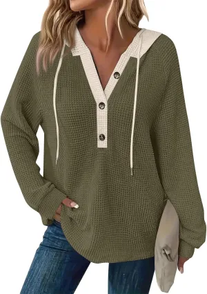 Hoodies for Women Button V Neck Waffle Knit Tops Long Sleeve Shirts Fall Casual Comfy Pullover Sweatshirt Hooded Tops