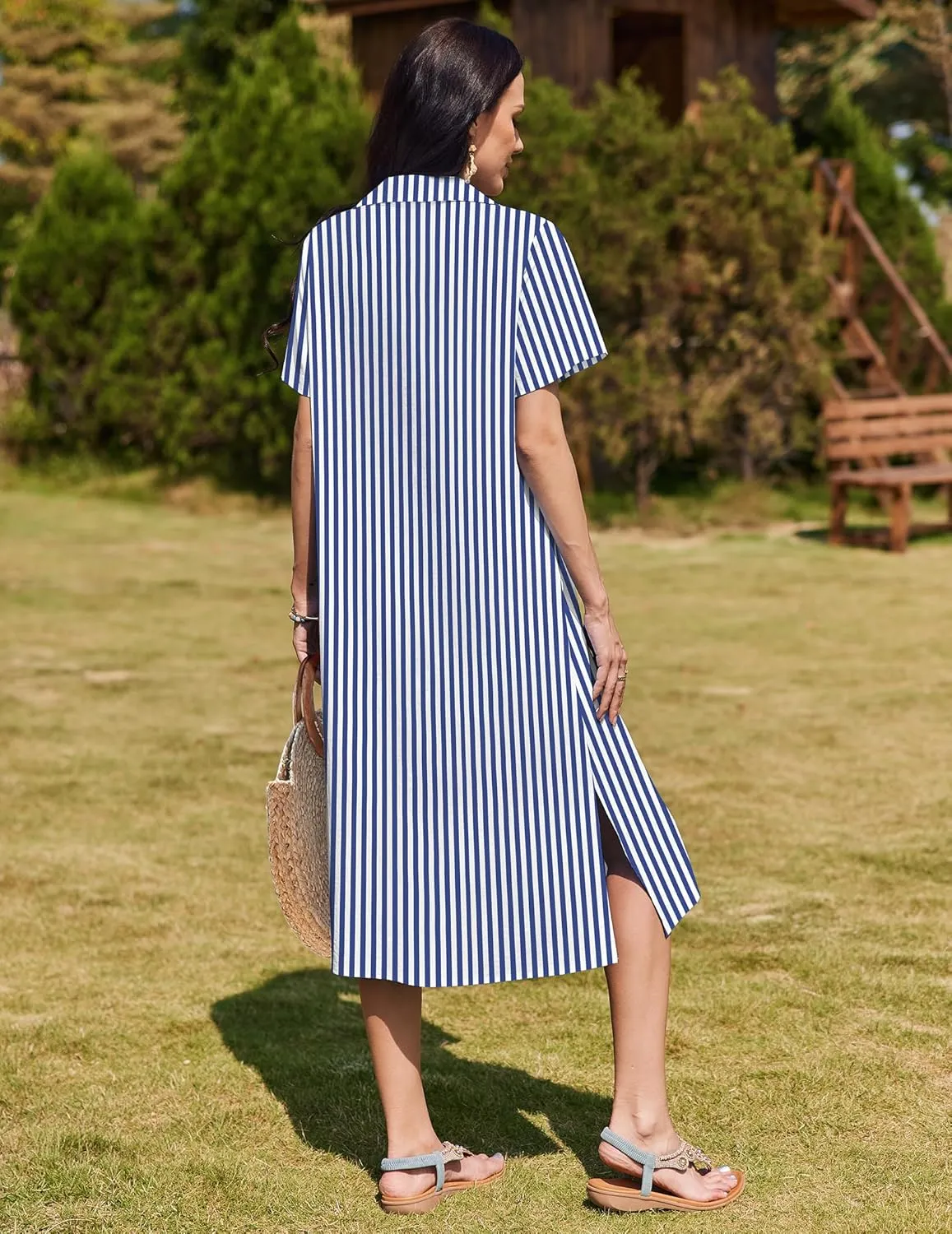 HOTOUCH Womens Dress Summer Casual Midi Short Sleeve Button Down Shirt Dress Loose Beach Cover Up Dress with Pockets