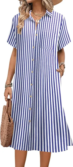 HOTOUCH Womens Dress Summer Casual Midi Short Sleeve Button Down Shirt Dress Loose Beach Cover Up Dress with Pockets