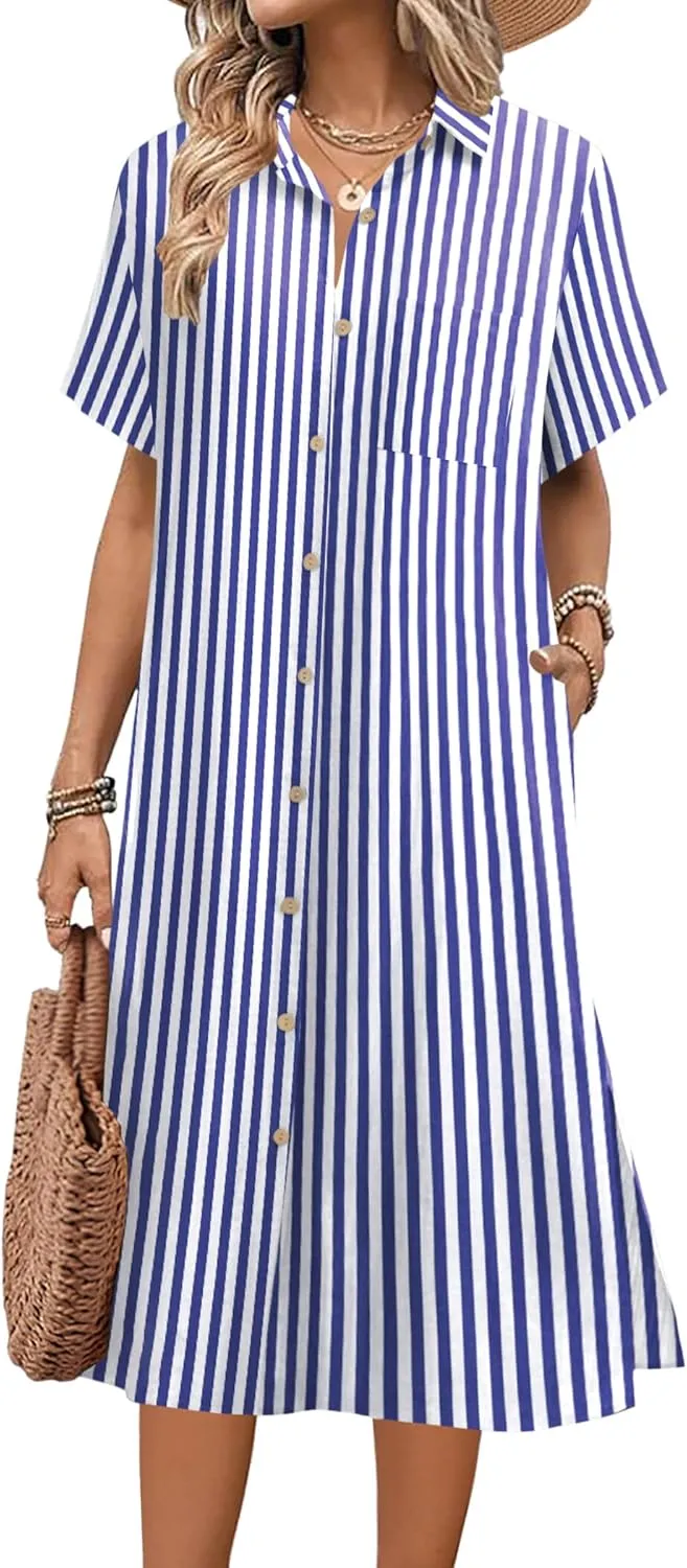 HOTOUCH Womens Dress Summer Casual Midi Short Sleeve Button Down Shirt Dress Loose Beach Cover Up Dress with Pockets