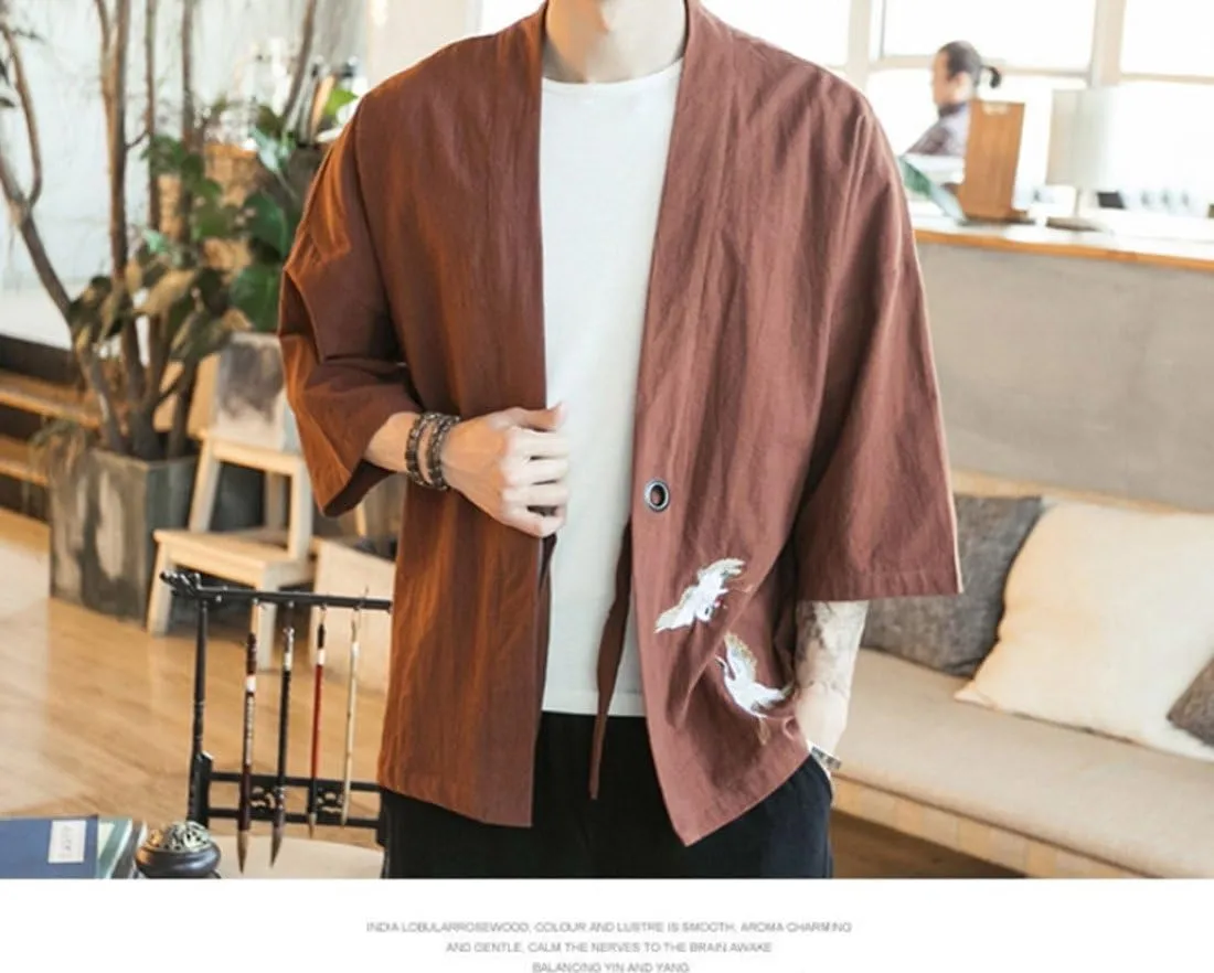 HZCX FASHION Men's Cotton Blends Linen Open Front Cardigan Kimono Jackets