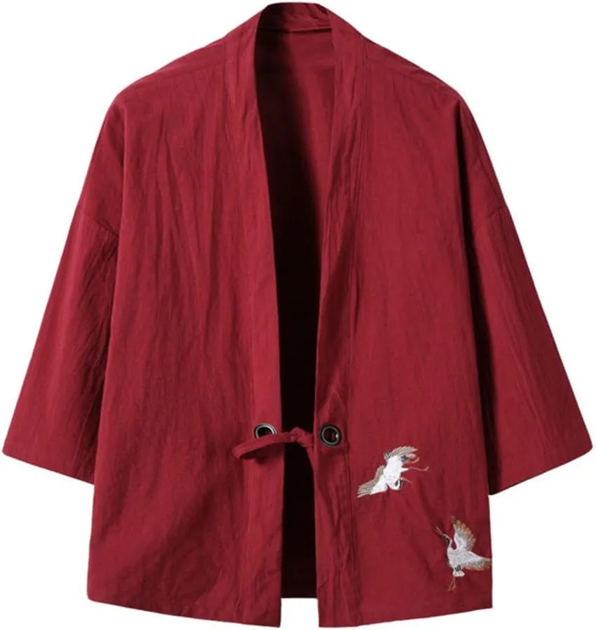 HZCX FASHION Men's Cotton Blends Linen Open Front Cardigan Kimono Jackets