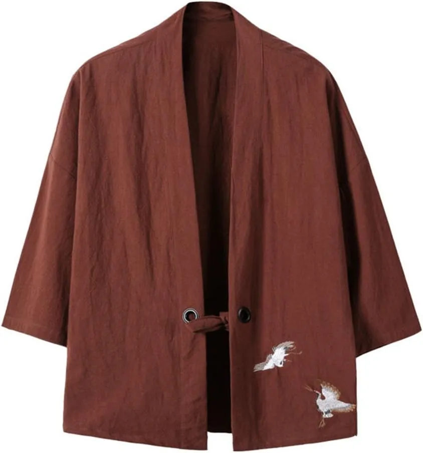 HZCX FASHION Men's Cotton Blends Linen Open Front Cardigan Kimono Jackets
